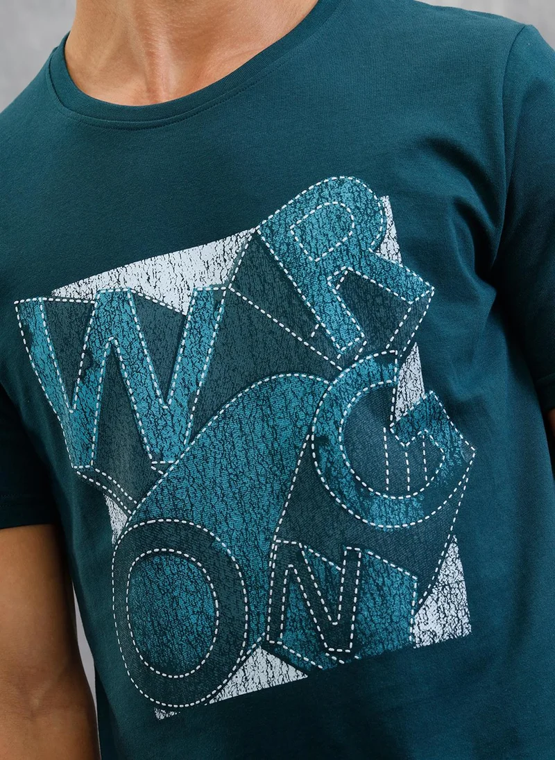 Wrogn Denim Patchwork Inspired Chest Graphic T-Shirt | Teal